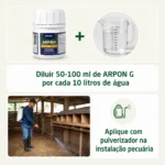 Imagem demonstra como aplicar corretamente ARPON G nos galinheiros, currais e outras instalações pecuárias para se livrar dos insetos e acaricidas