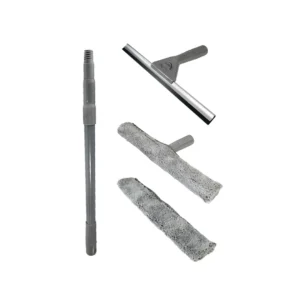 Kit completo para limpeza dos vidros com pano microfibra e ponta de borracha. Inclui cabo extensível de 57cm a 130cm de comprimento.