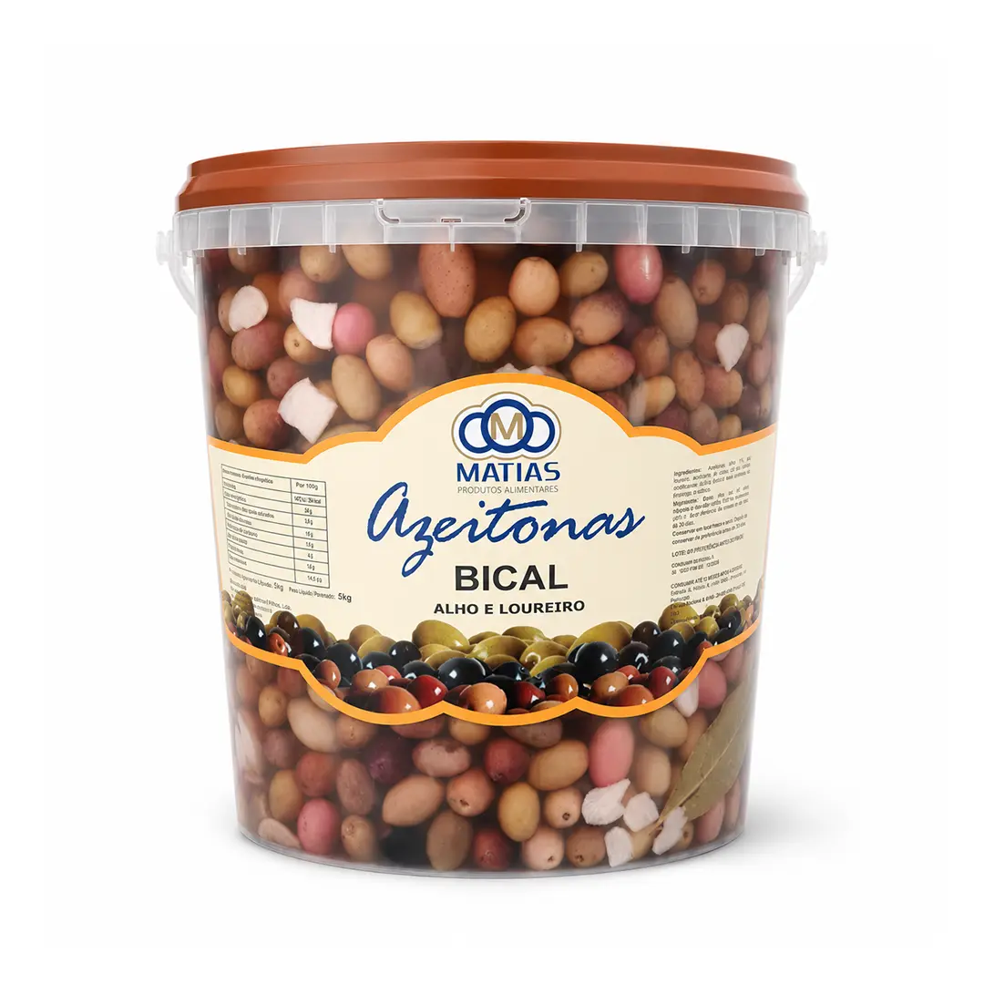 Balde de azeitona bical com alho e loureiro. 3kg de peso escorrido (net).