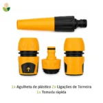 Kit plus mangueira com acessórios. Duas ligações, uma agulheta de plástico e uma tomada rápida