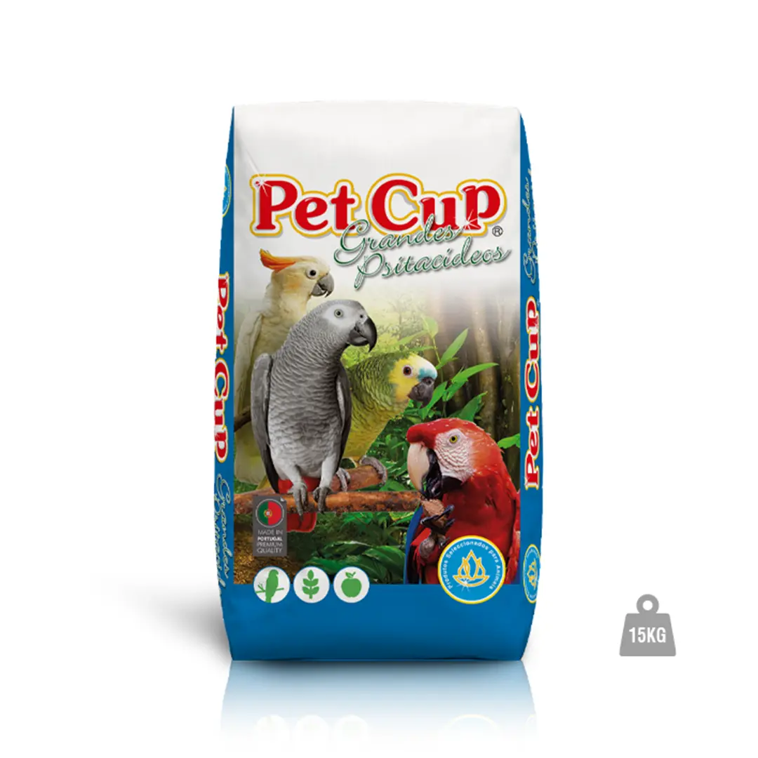 Pet Cup Grandes Psitacideos Papagaio Standard 15kg. Saco grande de alimento completo para papagaios com grande qualidade. Marca Pet Cup, marca nacional de fabrico de alimentos para papagaios e outras aves. Formato saco com 15kg. Melhor preço