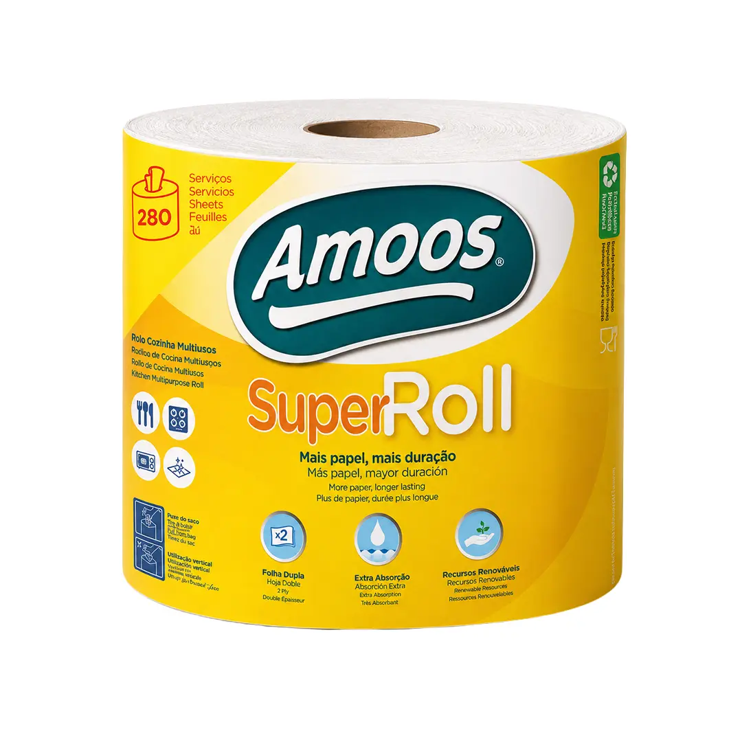 Papel absorvente de cozinha multiusos AMOOS. 280 Folhas, Folha Dupla, Extra absorção. Fácil de usar e com dispensação central.