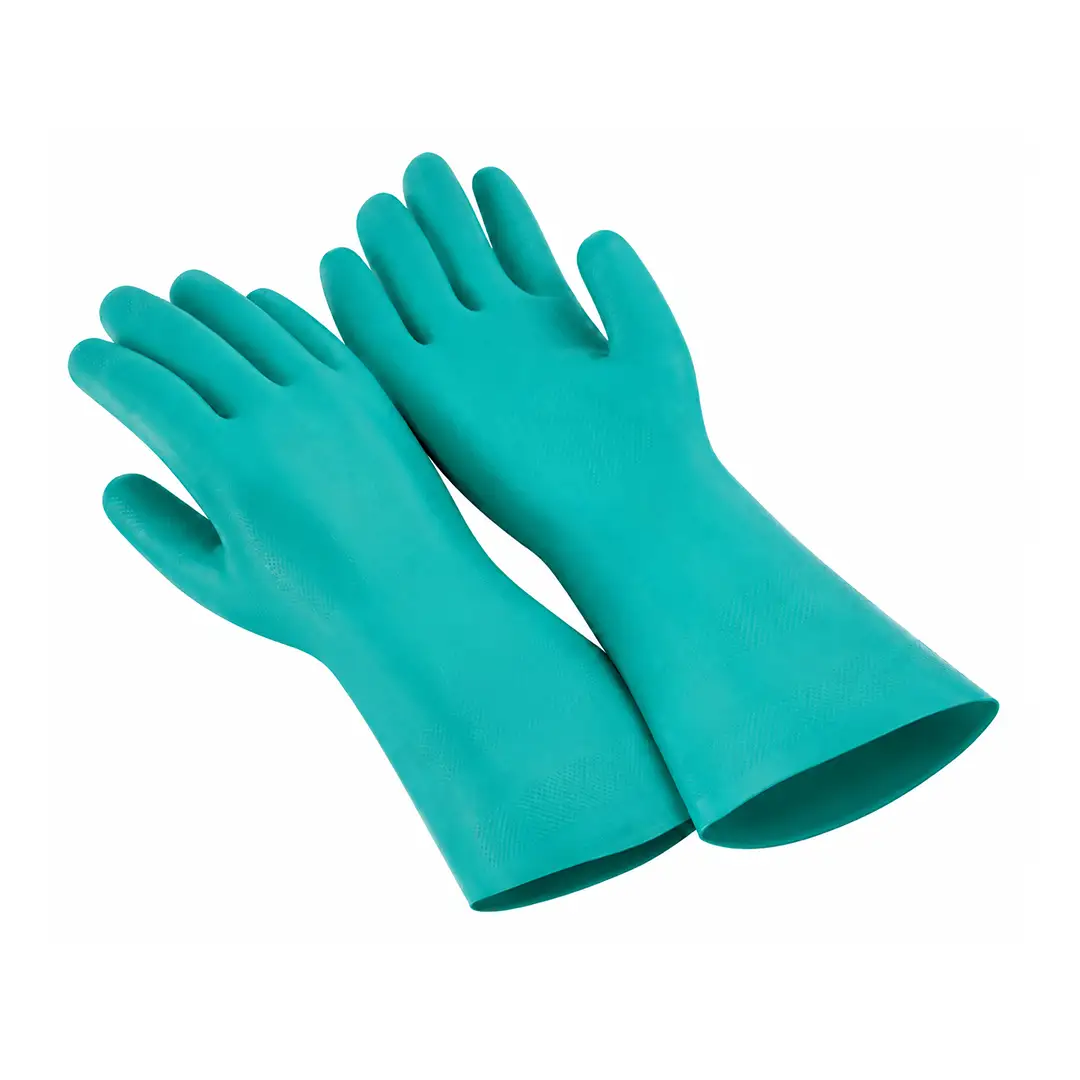 Luvas de nitrilo verde para uso em contexto industrial ou doméstico. Proteção, limpeza e segurança.