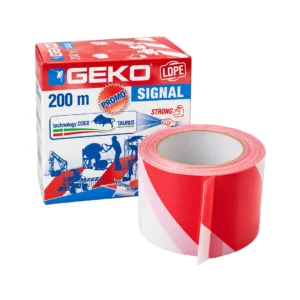Fita de sinalização e barramento com grande qualidade e de fabrico europeu. Caixa dispensadora facilita a colocação. Cor vermelho e branco, em risca. 200m de comprimento. 70mm de largura.
