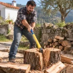 Homem a usar machadao para rachar tronco grosso