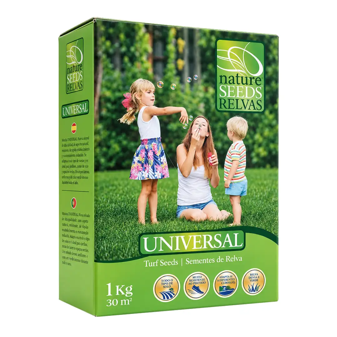 Sementes de Relva NATURE SEEDS de excelente qualidade. 1kg de sementes de relva universal. Todo o tipo de solos. Muito resistente ao pisoteio. Adaptada a relvados desportivos. Germinação rápida.