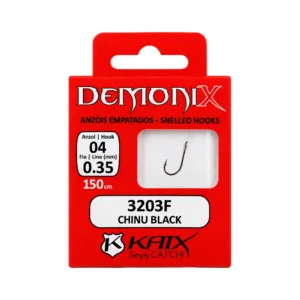 Pack de 10 unidades de anzóis empatados DEMONIX Chinu Black com vários tamanhos e fio de vários mm. 150cm de linha. 3203F. Marca KATX.